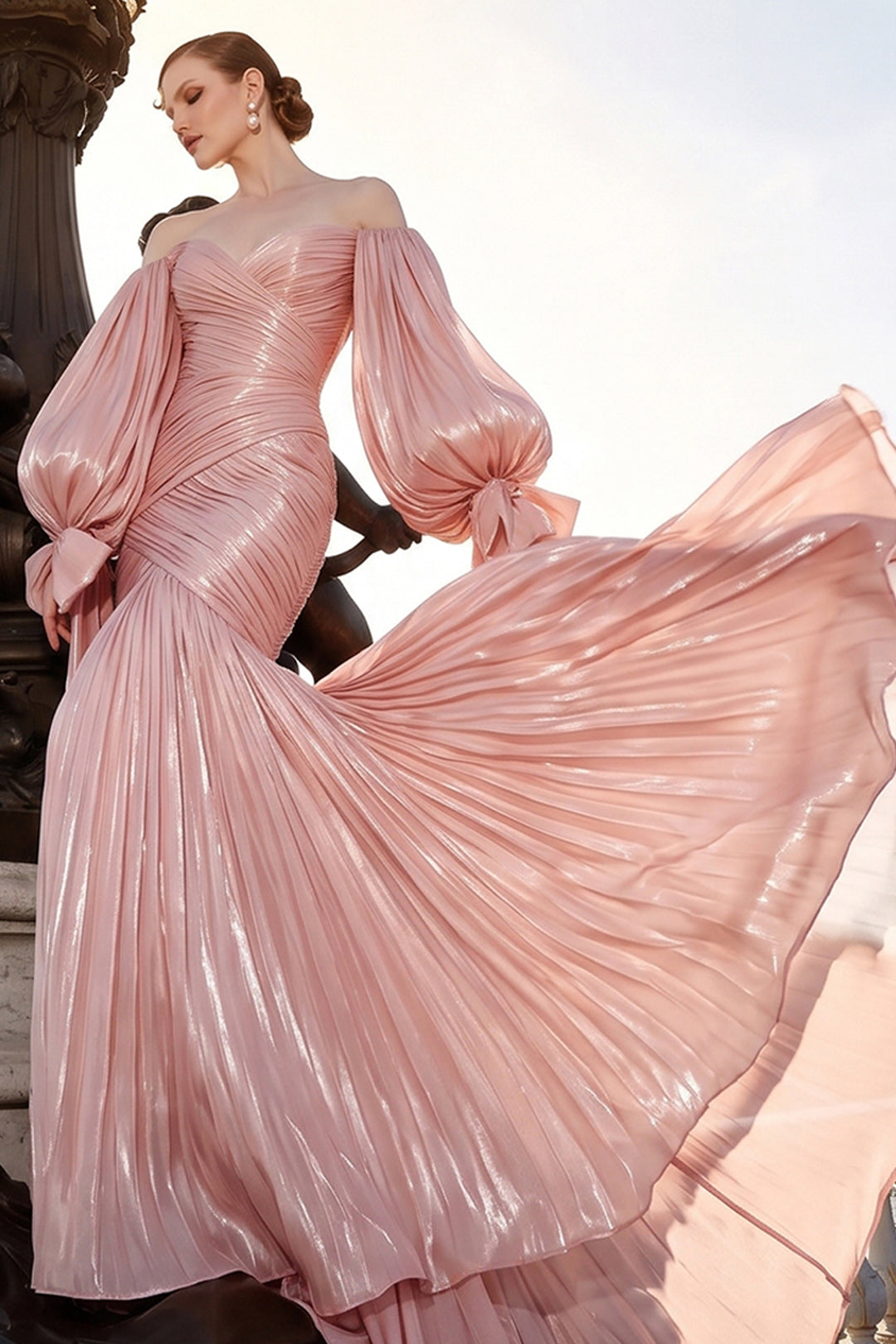 Off-The-Shoulder Sweetheart Mermaid Dress with Bow Sleeves