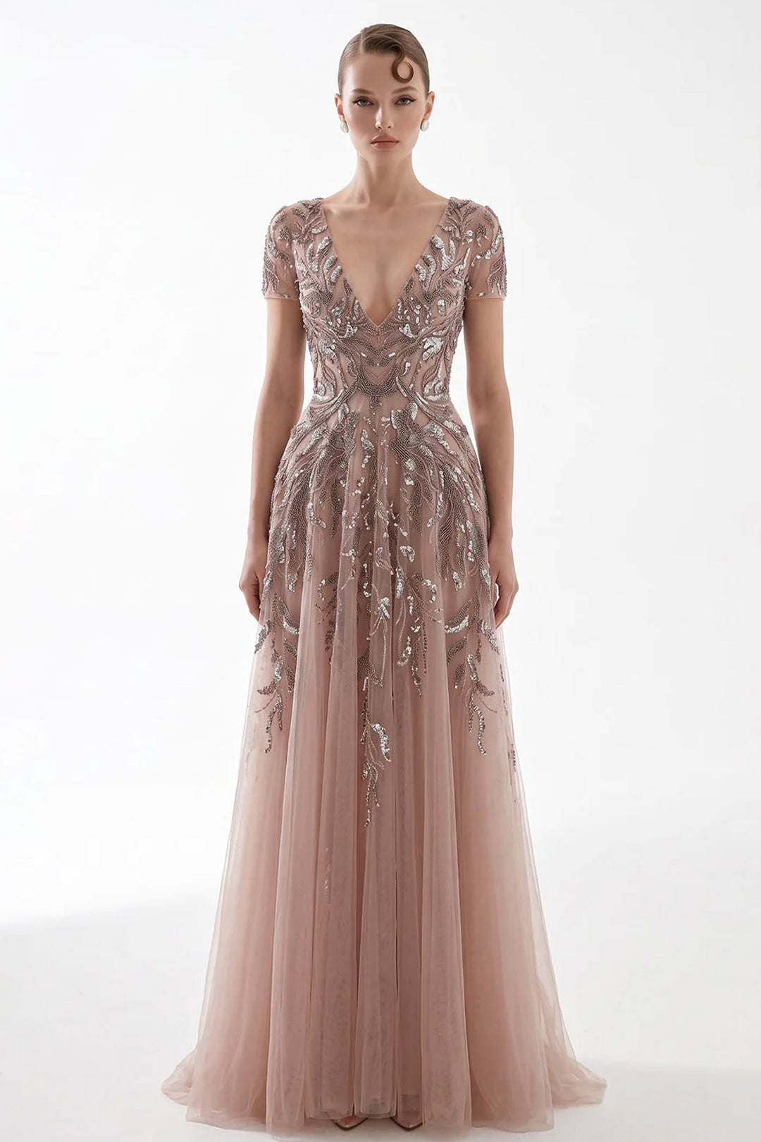 Plunging V-Neck with Short Sleeve and A-Line Dress