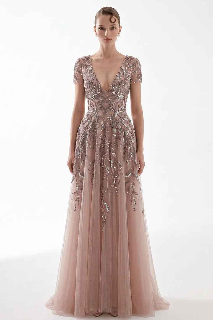 Plunging V-Neck with Short Sleeve and A-Line Dress