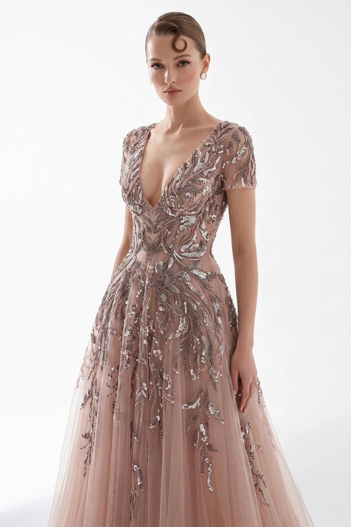 Plunging V-Neck with Short Sleeve and A-Line Dress