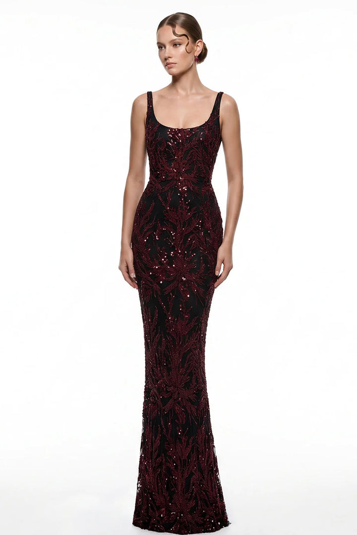 Embellished Botanical Sheath with Column Dress