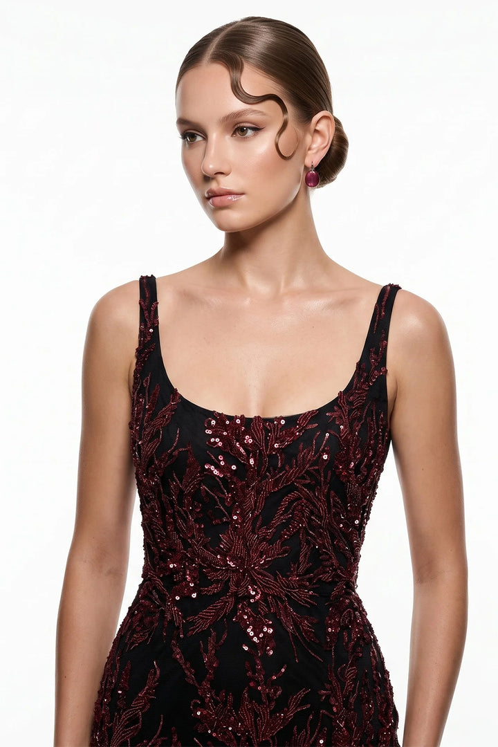 Embellished Botanical Sheath with Column Dress
