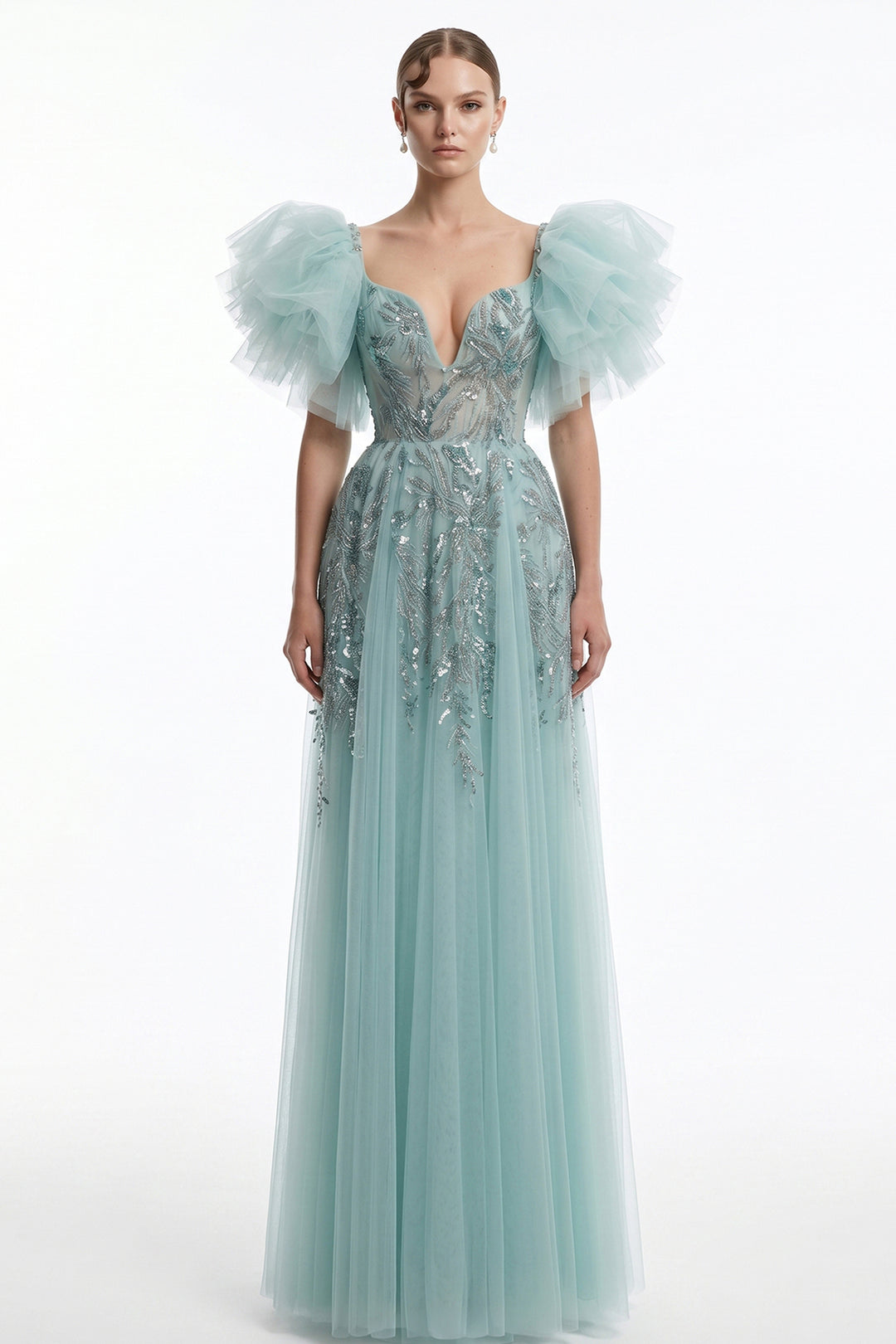 Plunging V-Neck Tulle with A-Line Long Dress