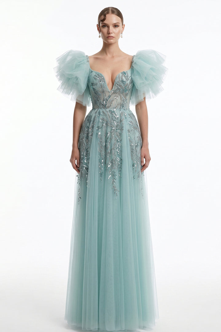 Plunging V-Neck Tulle with A-Line Long Dress