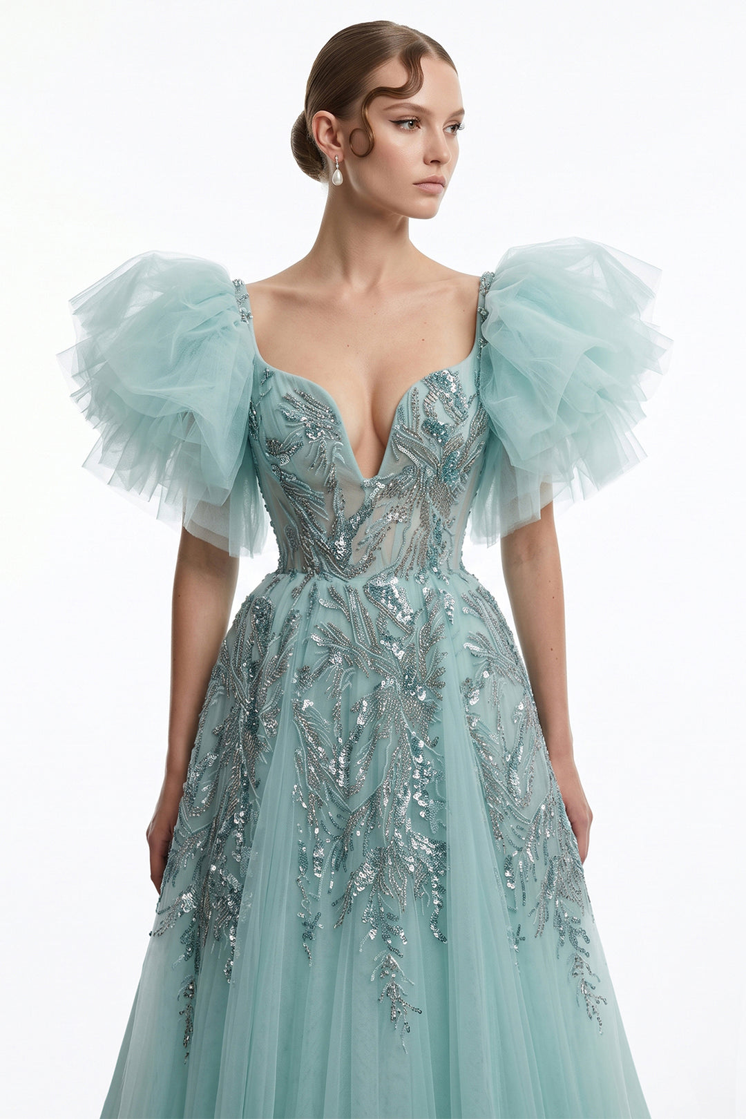 Plunging V-Neck Tulle with A-Line Long Dress