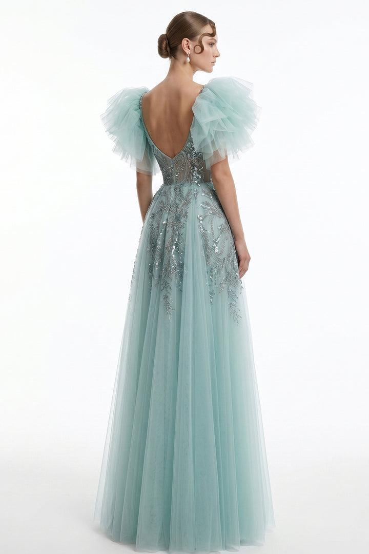 Plunging V-Neck Tulle with A-Line Long Dress