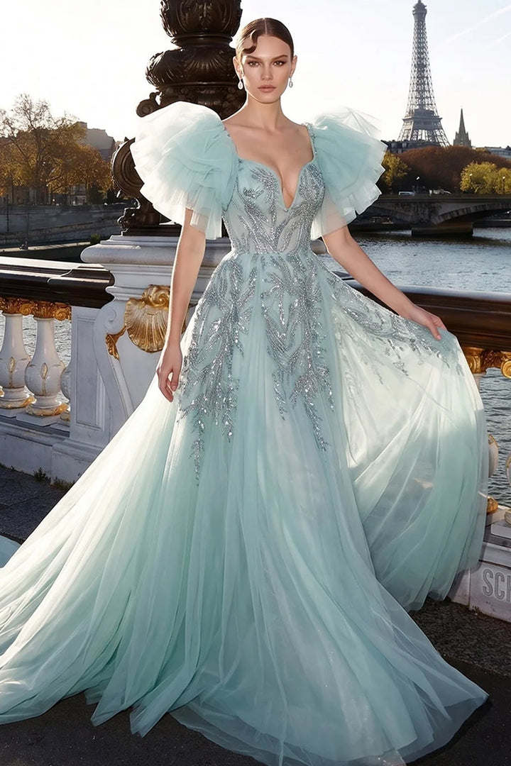 Plunging V-Neck Tulle with A-Line Long Dress