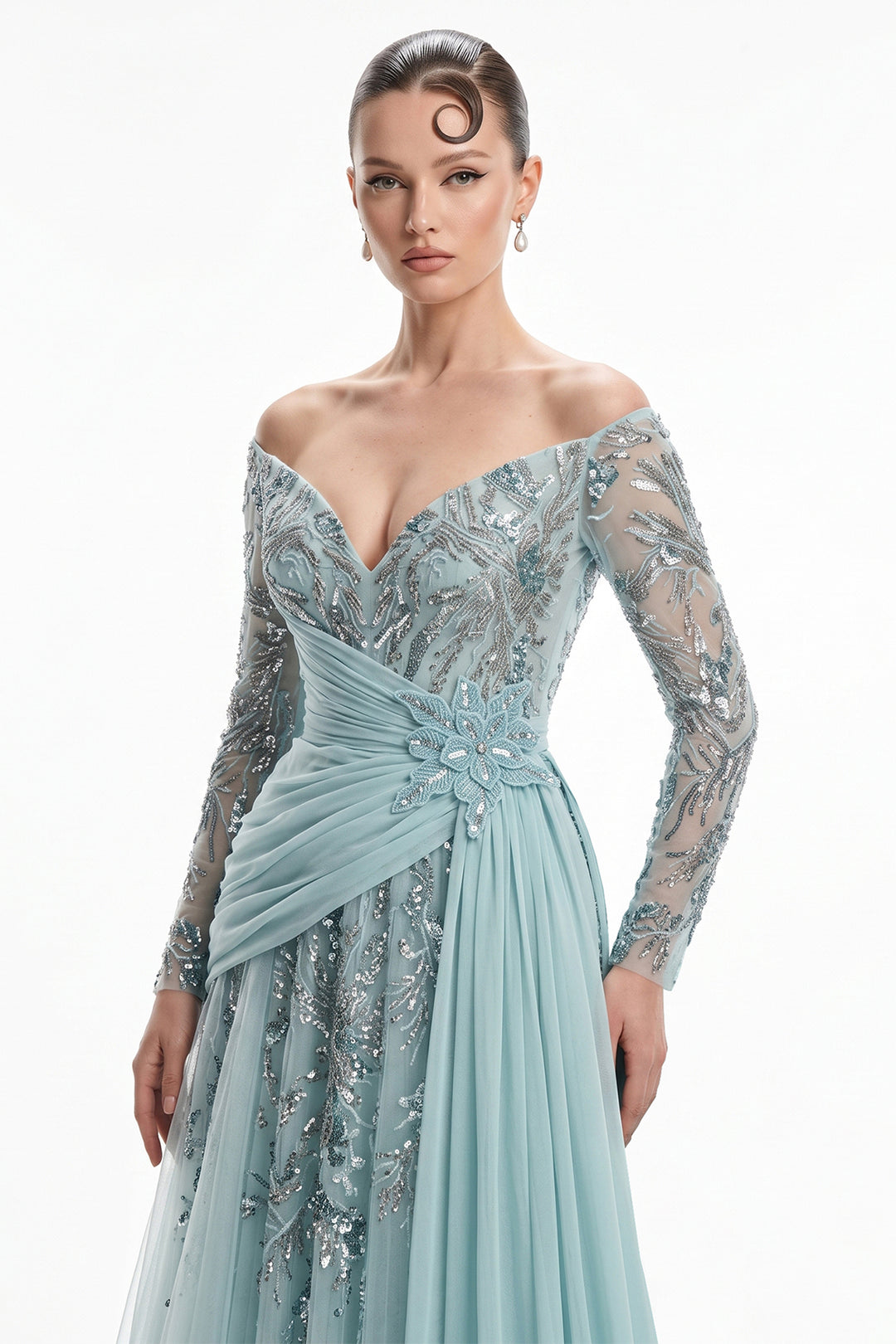 Off-The-Shoulder Floral Appliqué with A-Line Dress