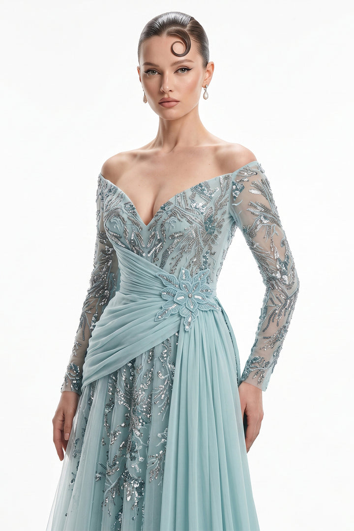 Off-The-Shoulder Floral Appliqué with A-Line Dress