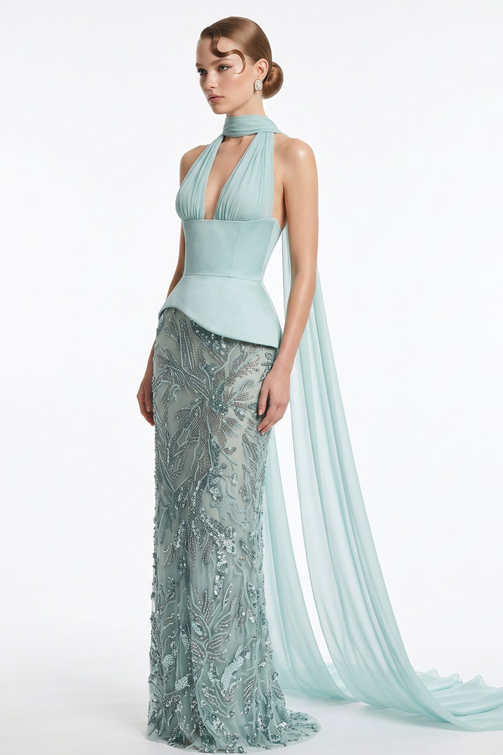 Plunging V-Neckline Cape with Column Dress