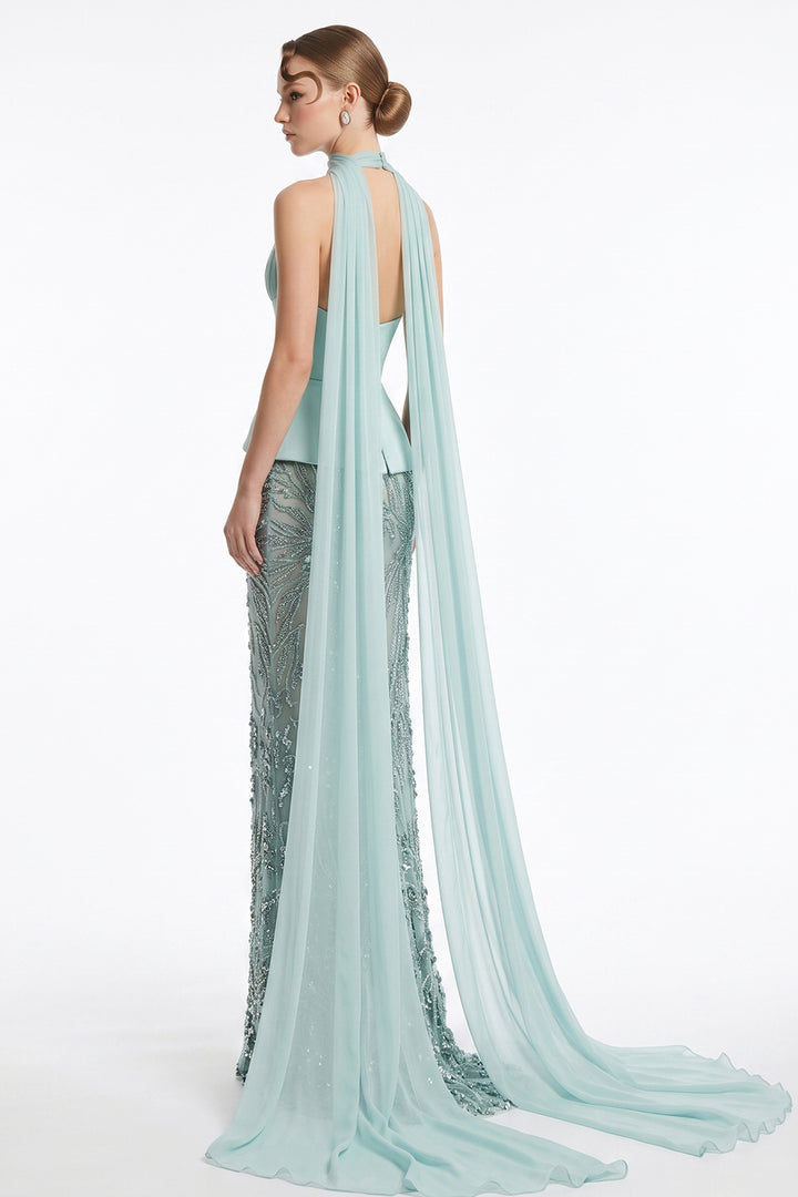 Plunging V-Neckline Cape with Column Dress
