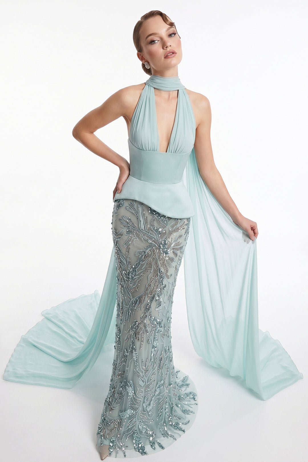 Plunging V-Neckline Cape with Column Dress