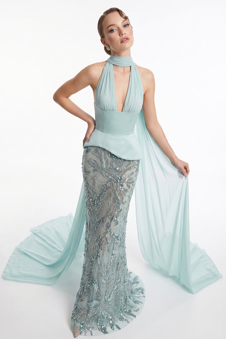 Plunging V-Neckline Cape with Column Dress
