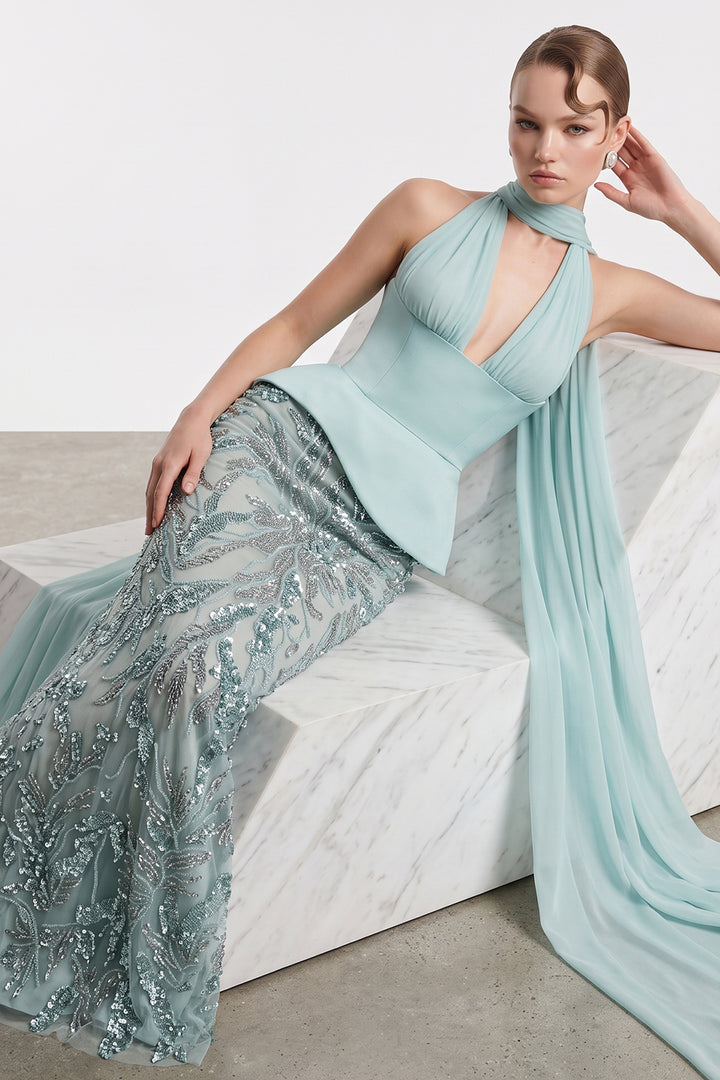 Plunging V-Neckline Cape with Column Dress