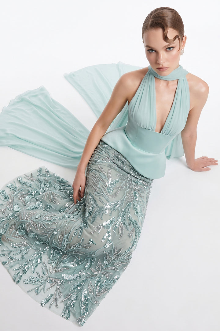 Plunging V-Neckline Cape with Column Dress