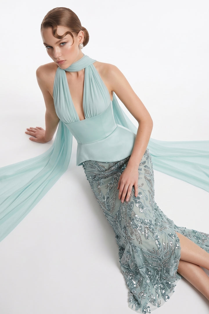 Plunging V-Neckline Cape with Column Dress