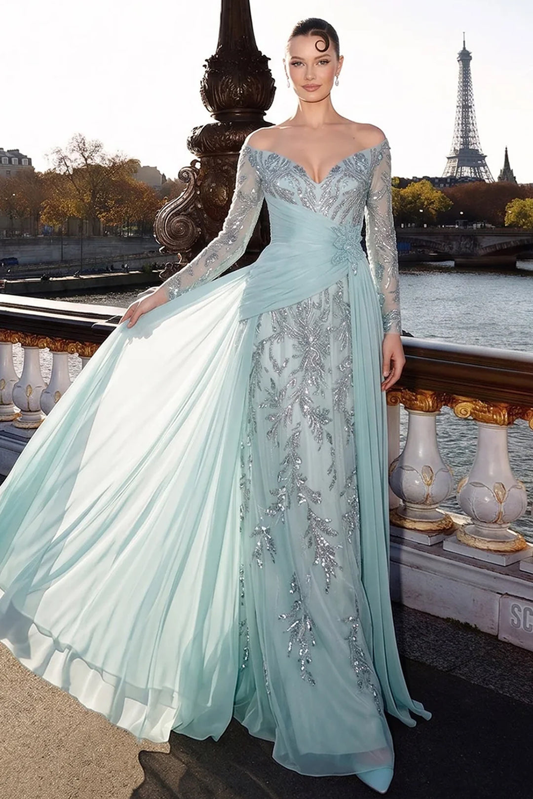 Off-The-Shoulder Floral Appliqué with A-Line Dress