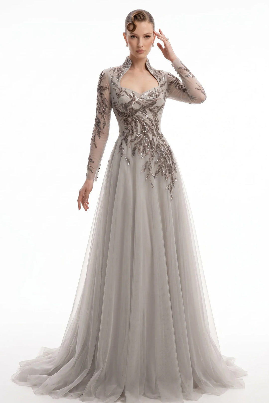 Embellished Botanical with Long-Sleeve Dress