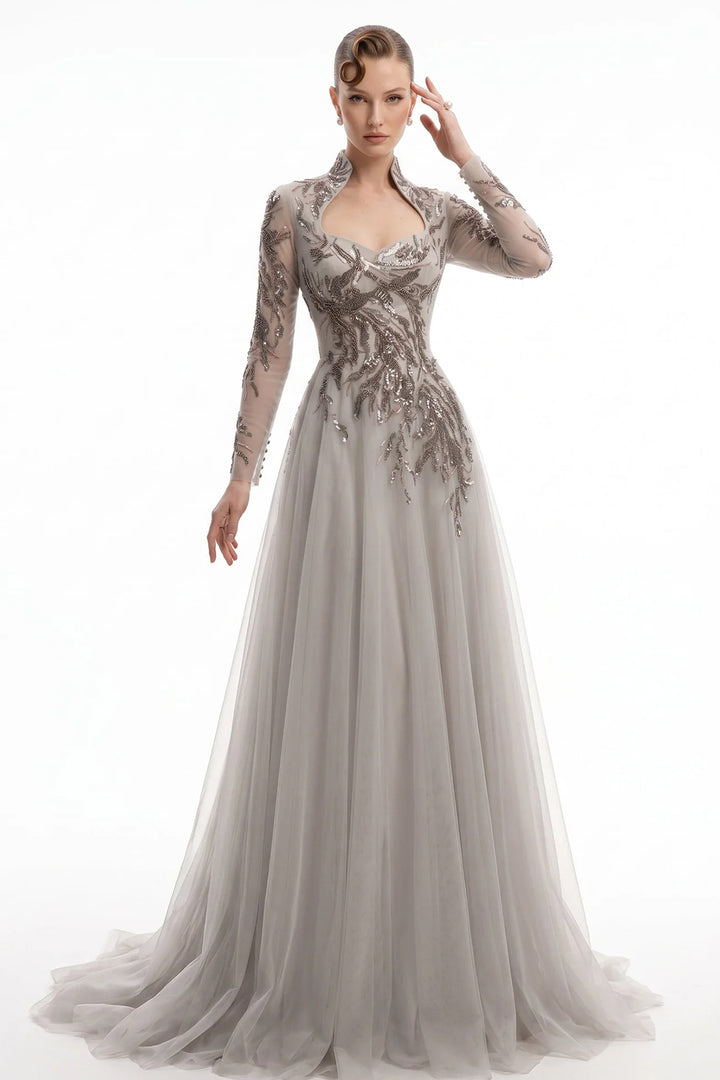 Embellished Botanical with Long-Sleeve Dress