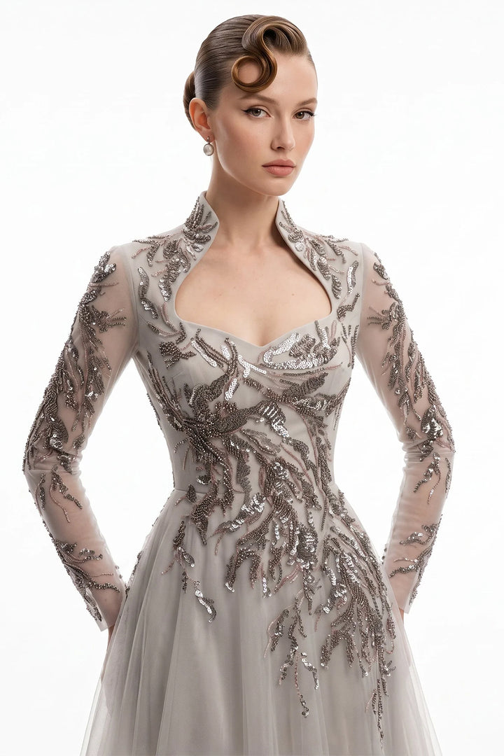 Embellished Botanical with Long-Sleeve Dress