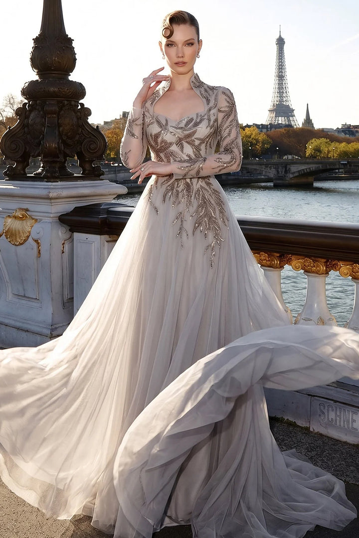 Embellished Botanical with Long-Sleeve Dress