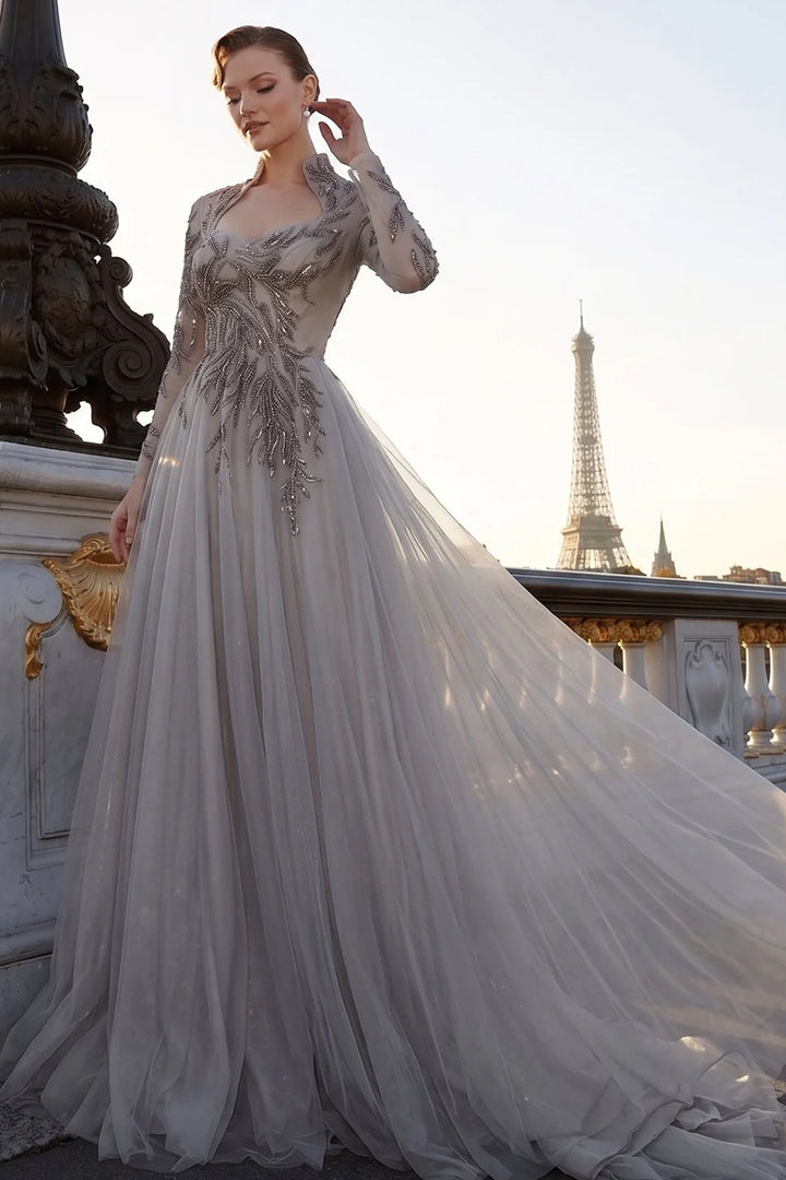 Embellished Botanical with Long-Sleeve Dress