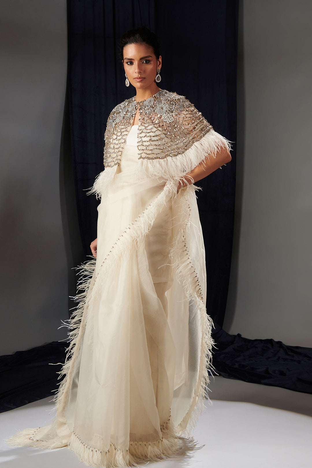 Mesh Dress with Embroidered Cape