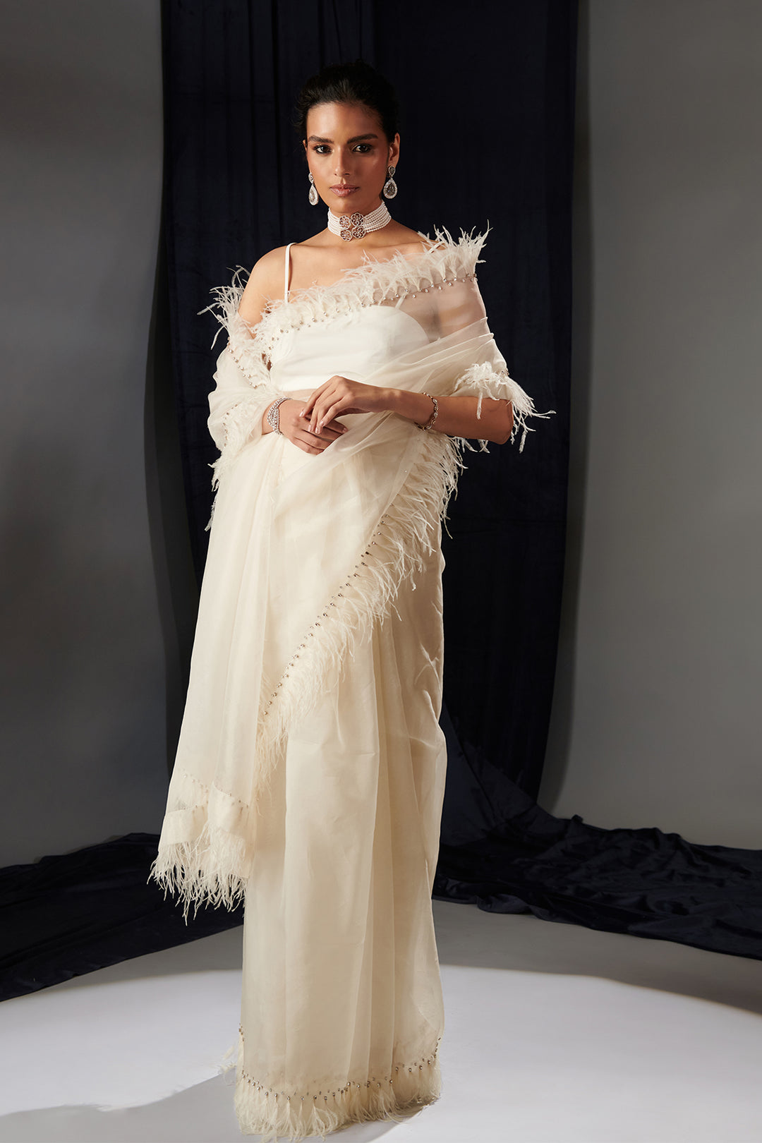 Organza Dress with Feather and Crystals Ivory / US 18 Organza Dress with Feather and Crystals Ivory / US 18