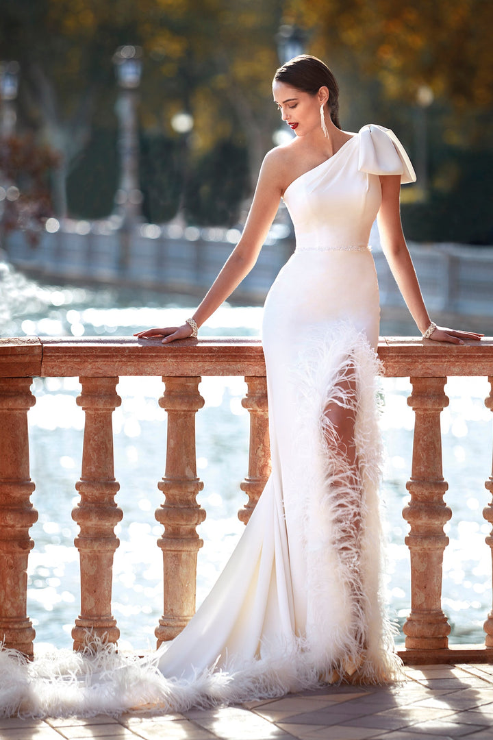 One Shoulder Off-White Wedding Dress