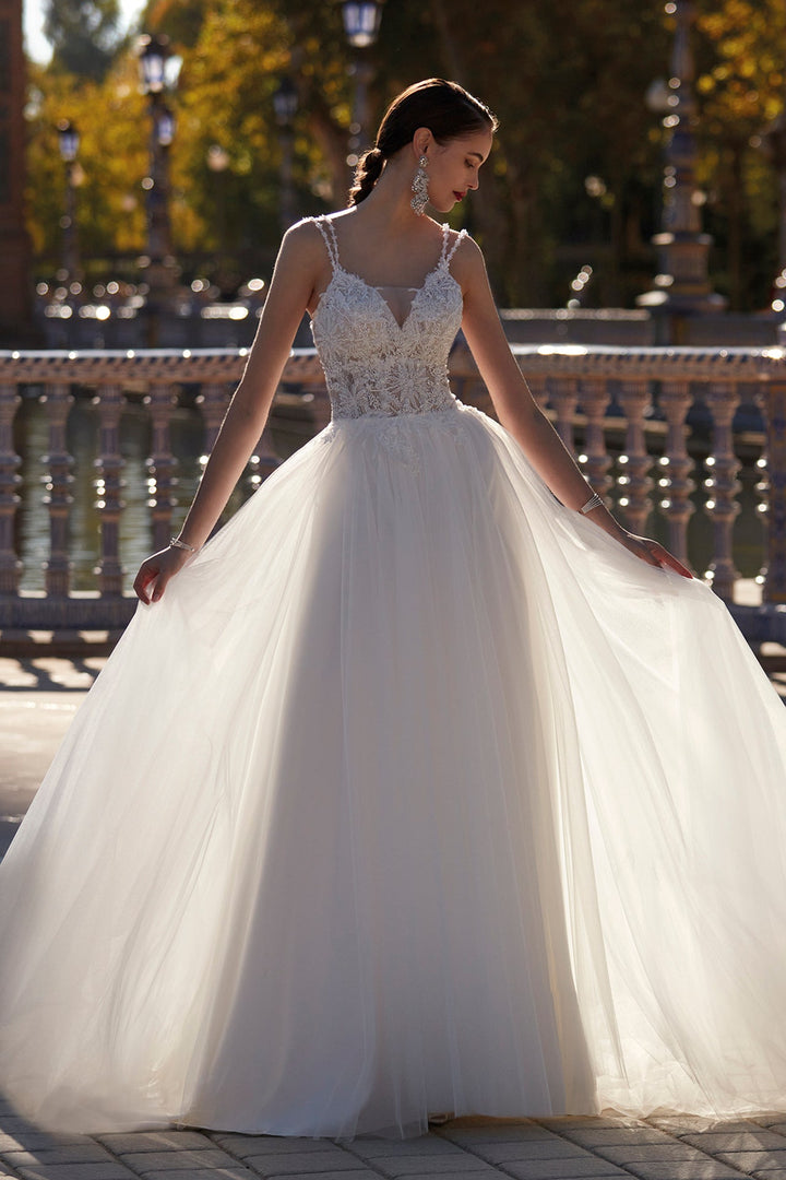 Off-White Lace & Tulle Rhinestone Wedding Gown