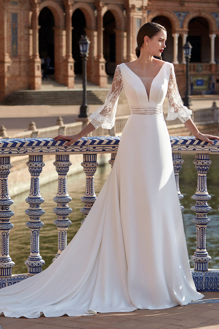 Off-White Lace-Adorned Wedding Dress