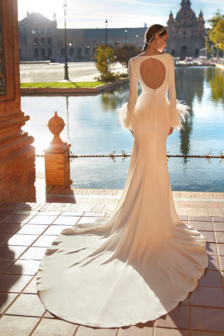 Off-White Feathered Column Wedding Dress