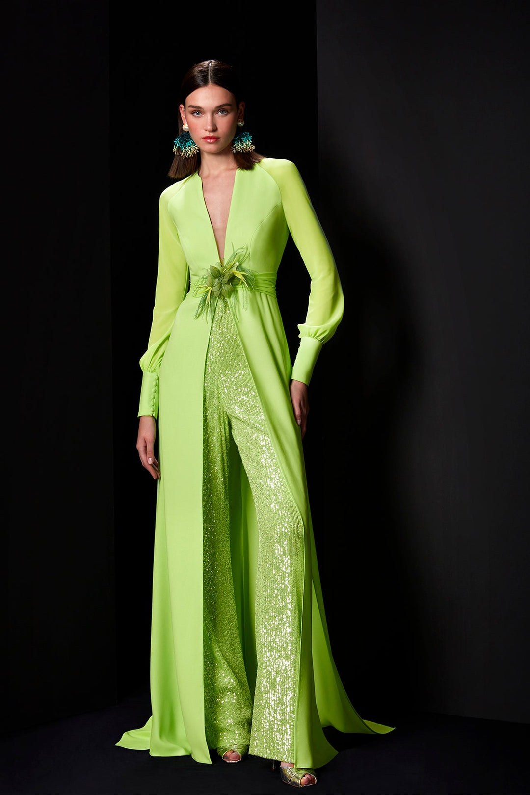 Deep V neck long sleeves jumpsuit with sequins Green / FR 52 Deep V neck long sleeves jumpsuit with sequins Green / FR 52