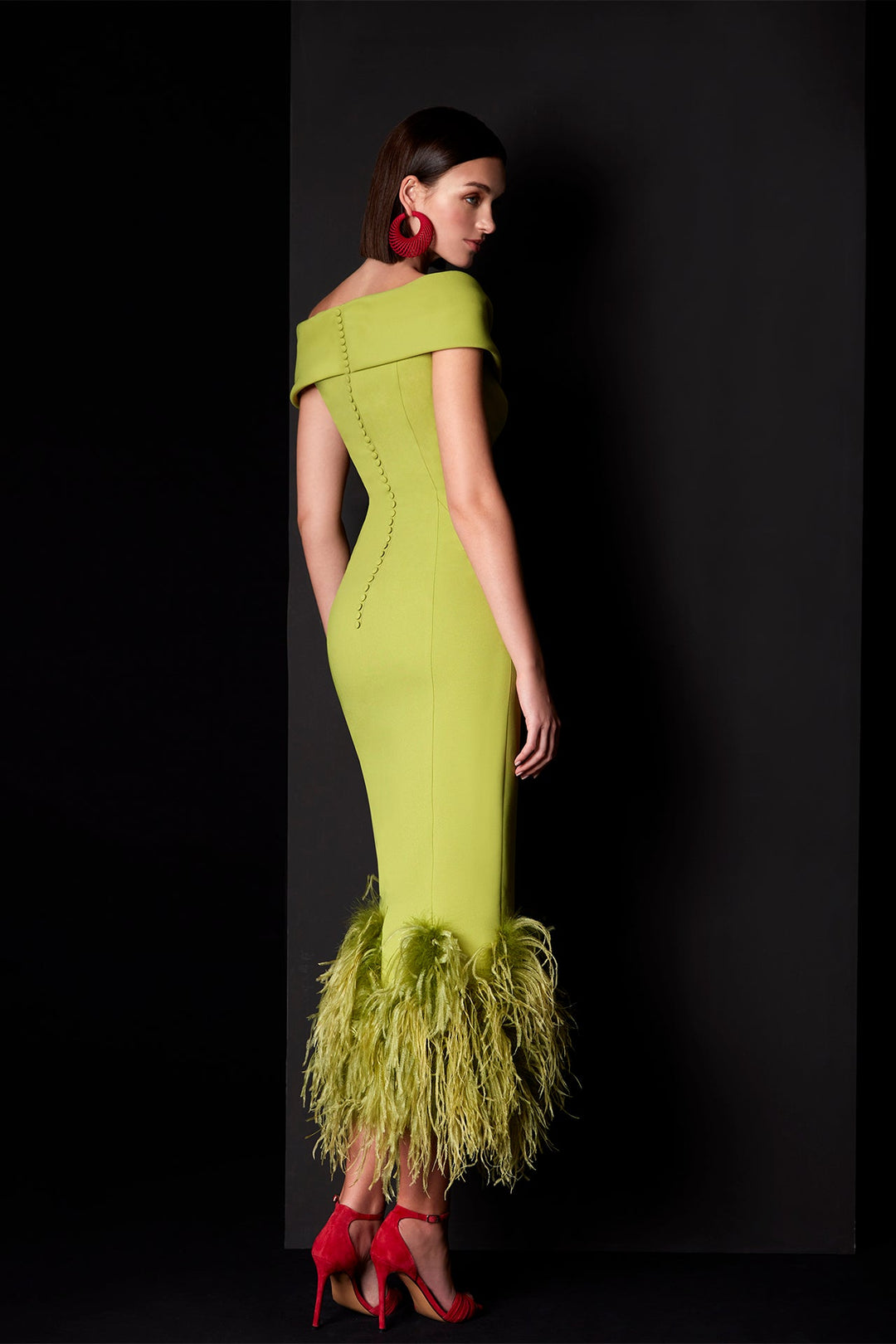 Lime Off-Shoulder Feather Hem Dress