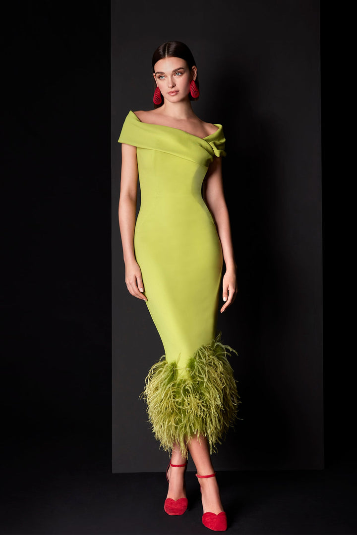 Lime Off-Shoulder Feather Hem Dress