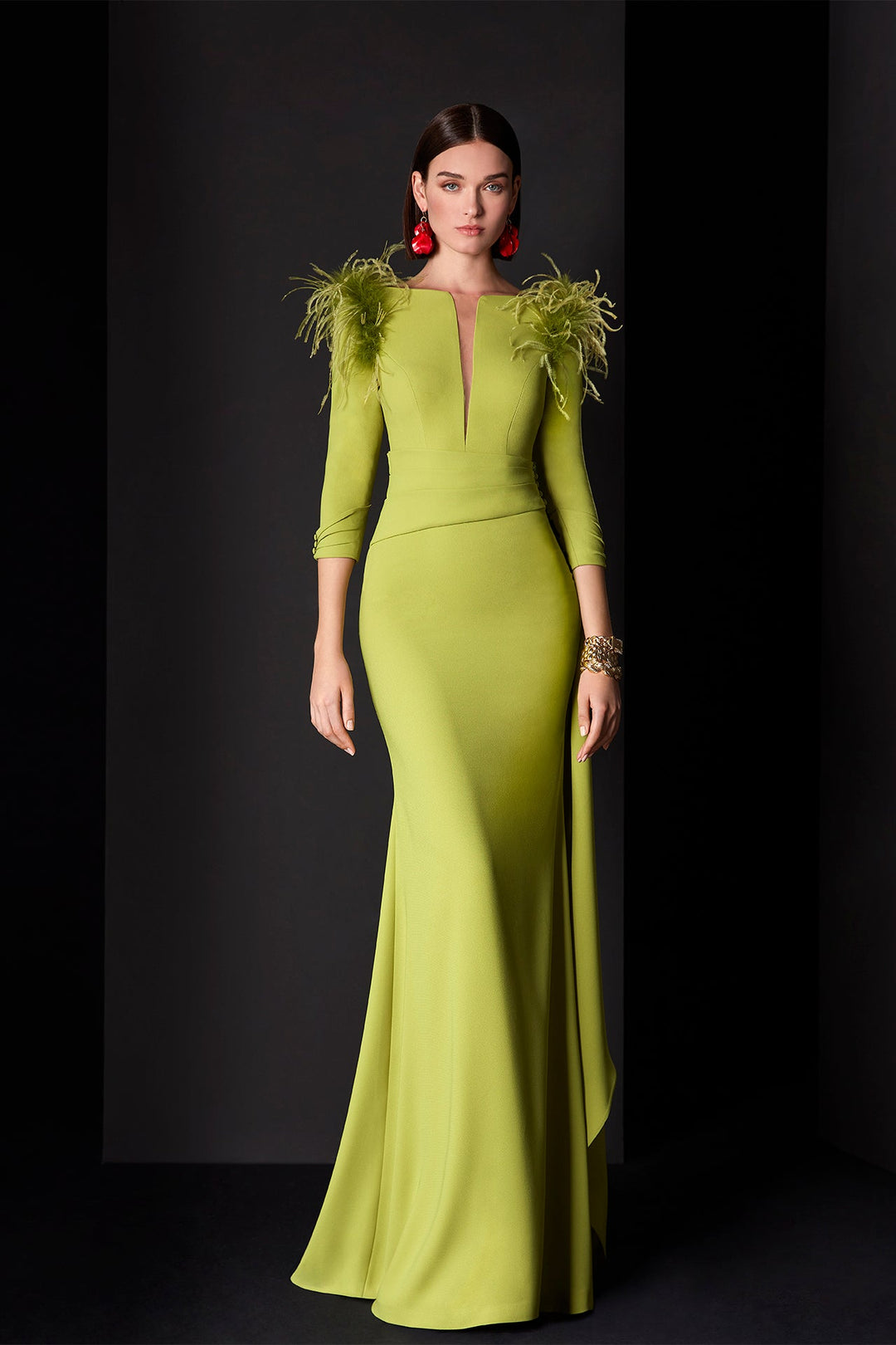 3/4 Sleeves Crepe Dress with Feathered Shoulders Green / FR 38 3/4 Sleeves Crepe Dress with Feathered Shoulders Green / FR 38