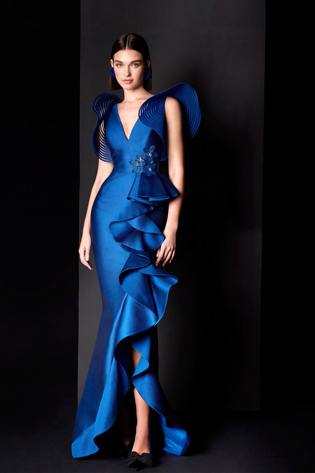 Ruffled mikado dress adorned with rhinestones Blue / FR 54 Ruffled mikado dress adorned with rhinestones Blue / FR 54