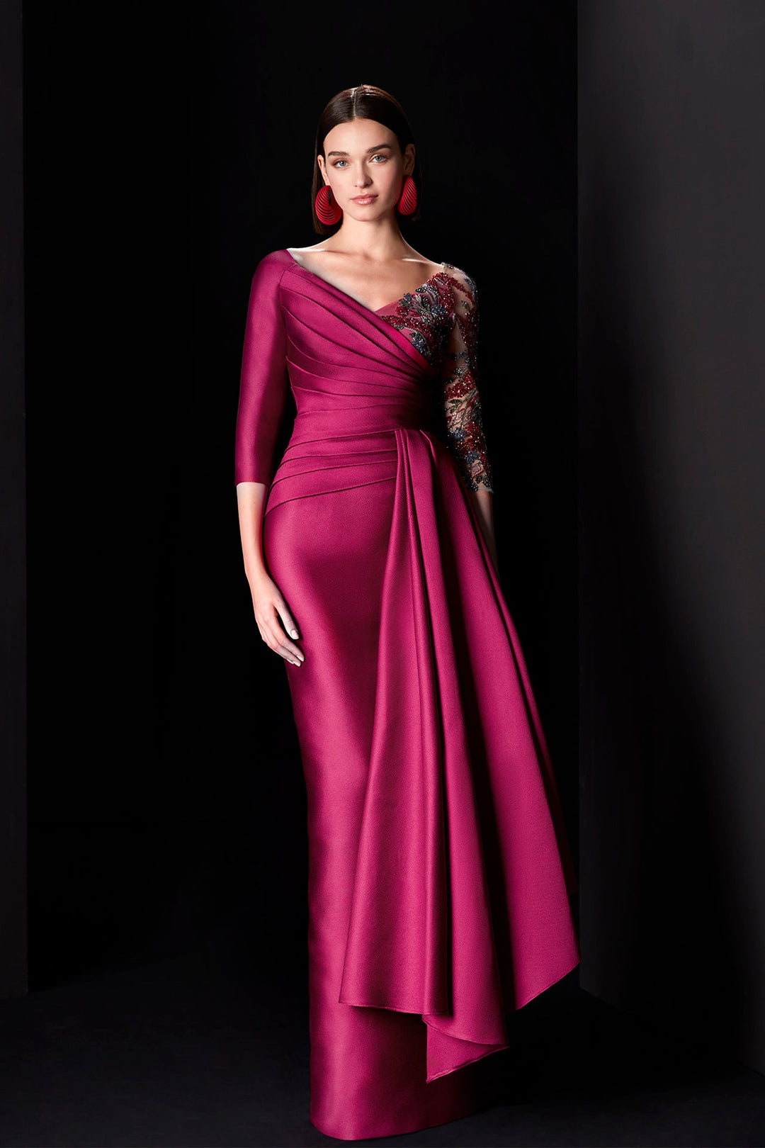 Magenta dress with Embroidered Sleeve