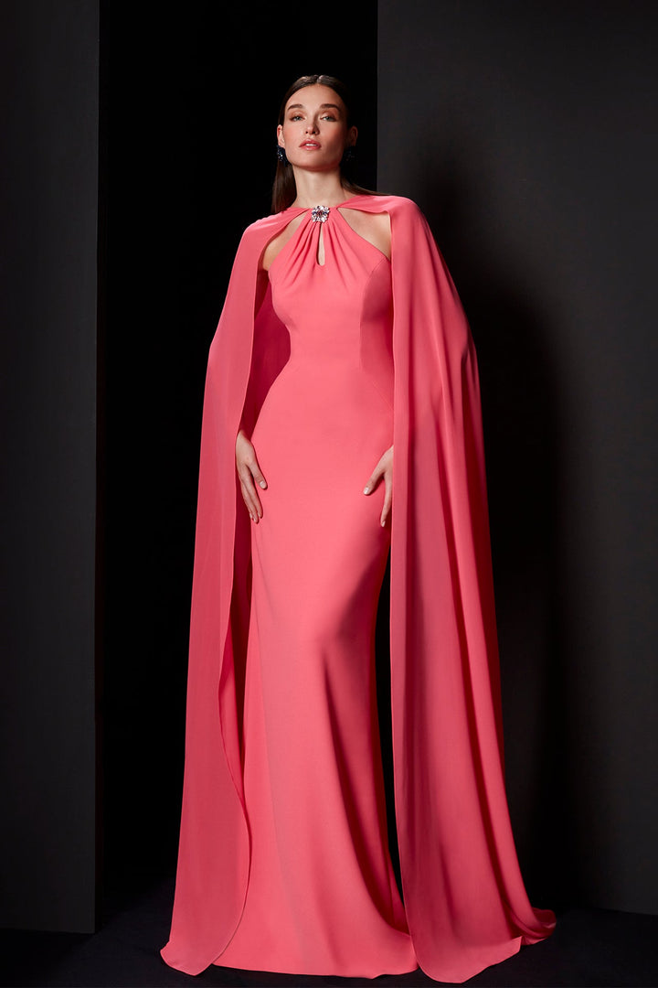 Pink Dress with Keyhole Detail and Flowing Cape Sleeves