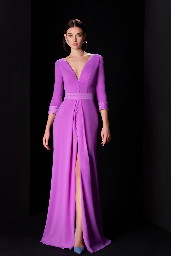 Purple dress with Deep V-Neck and High Slit