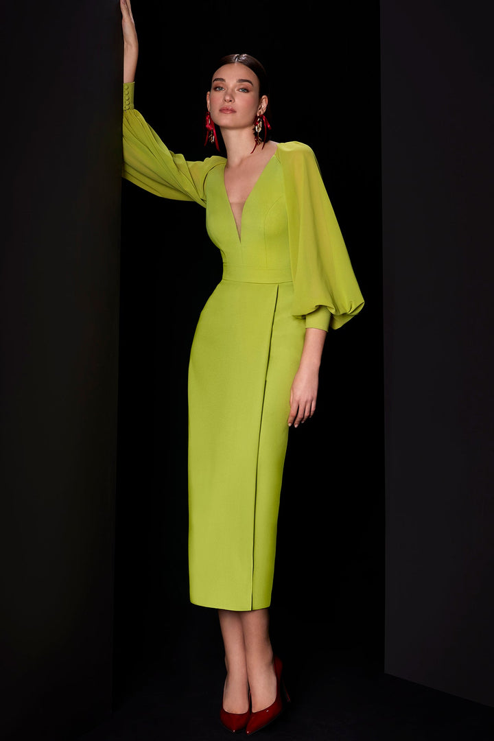 Midi Dress with Plunging V-Neck and Puffed Sleeves