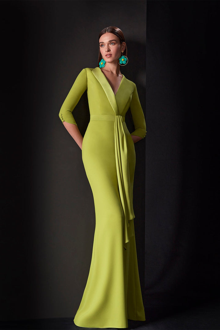 V-Neck Dress with Draped Waist and Tailored Collar