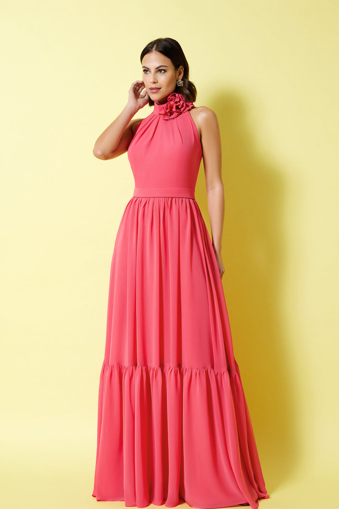 Chiffon Halter Dress with Floral Neckline Coral / FR 52 Chiffon Halter Dress with Floral Neckline Coral / FR 52
