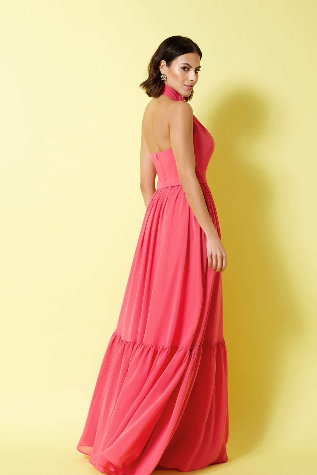 Chiffon Halter Dress with Floral Neckline