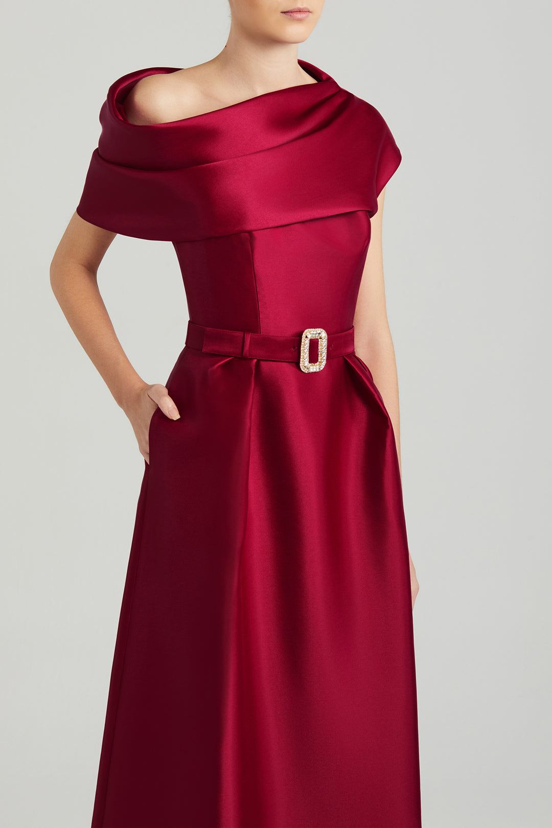 Satin Draped Bodice Dress with Crystal Belt