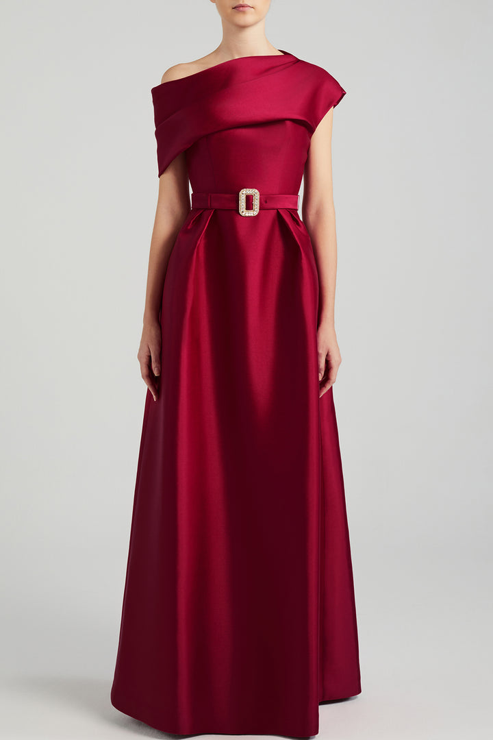 Satin Draped Bodice Dress with Crystal Belt