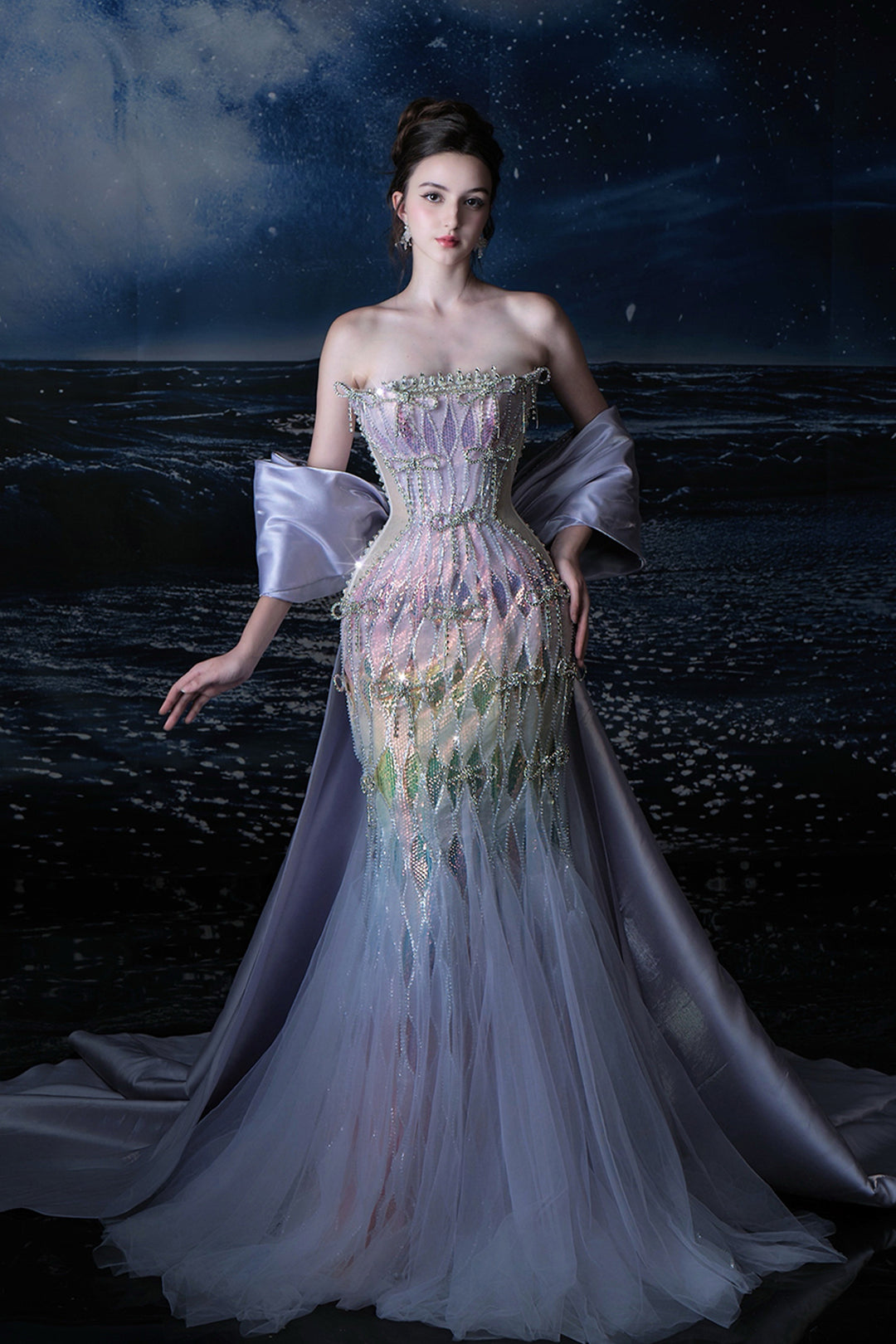 Mermaid Corseted Silhouette with Cape Train Dress Lilac / FR 36