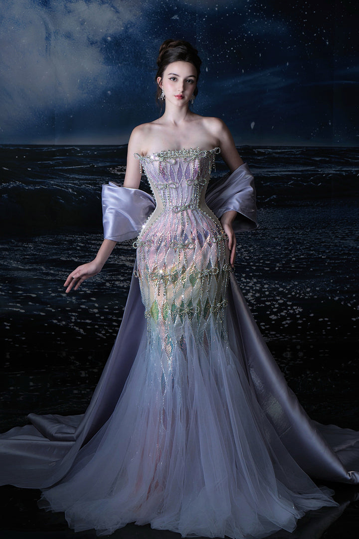 Mermaid Corseted Silhouette with Cape Train Dress