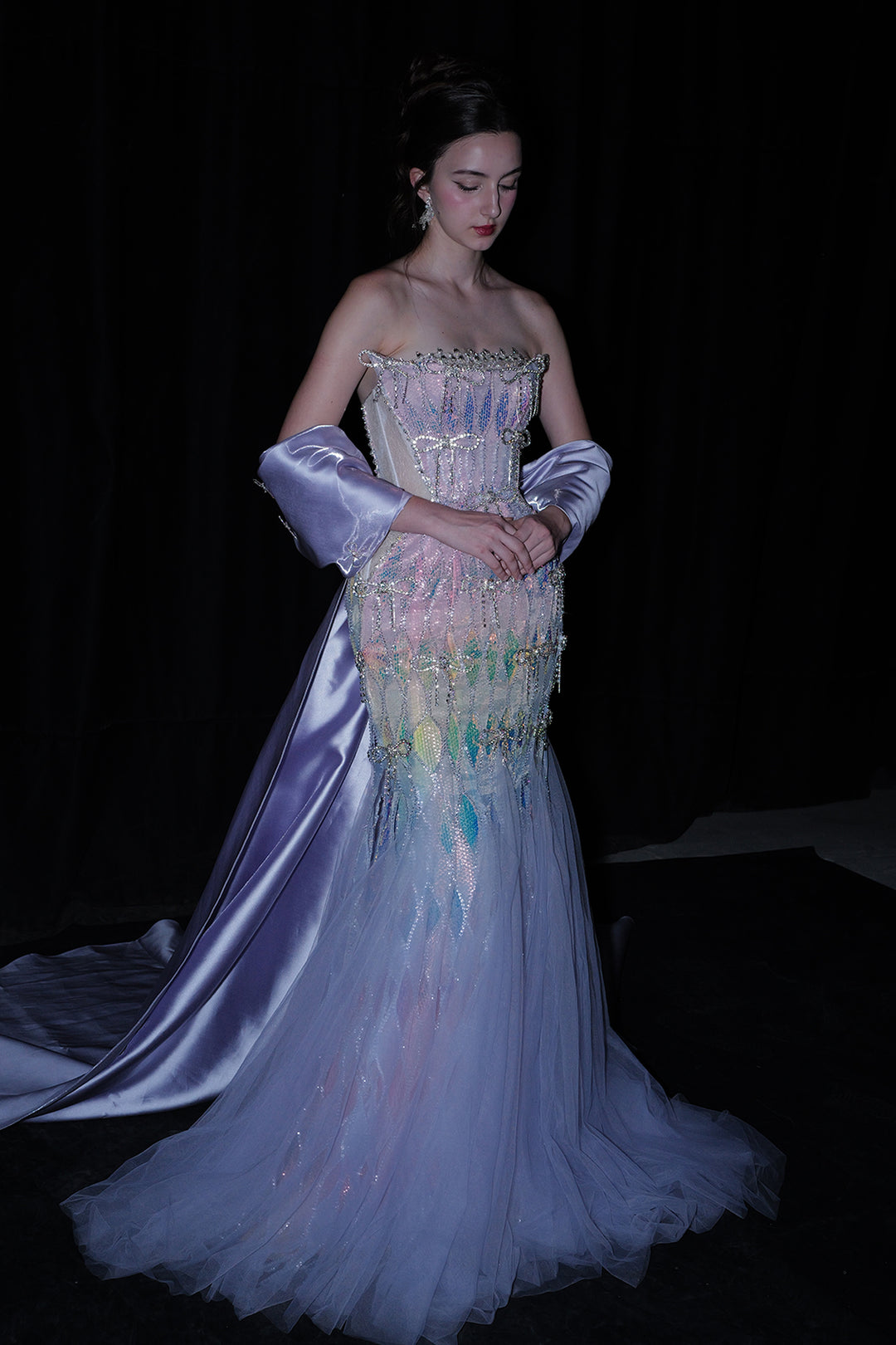 Mermaid Corseted Silhouette with Cape Train Dress