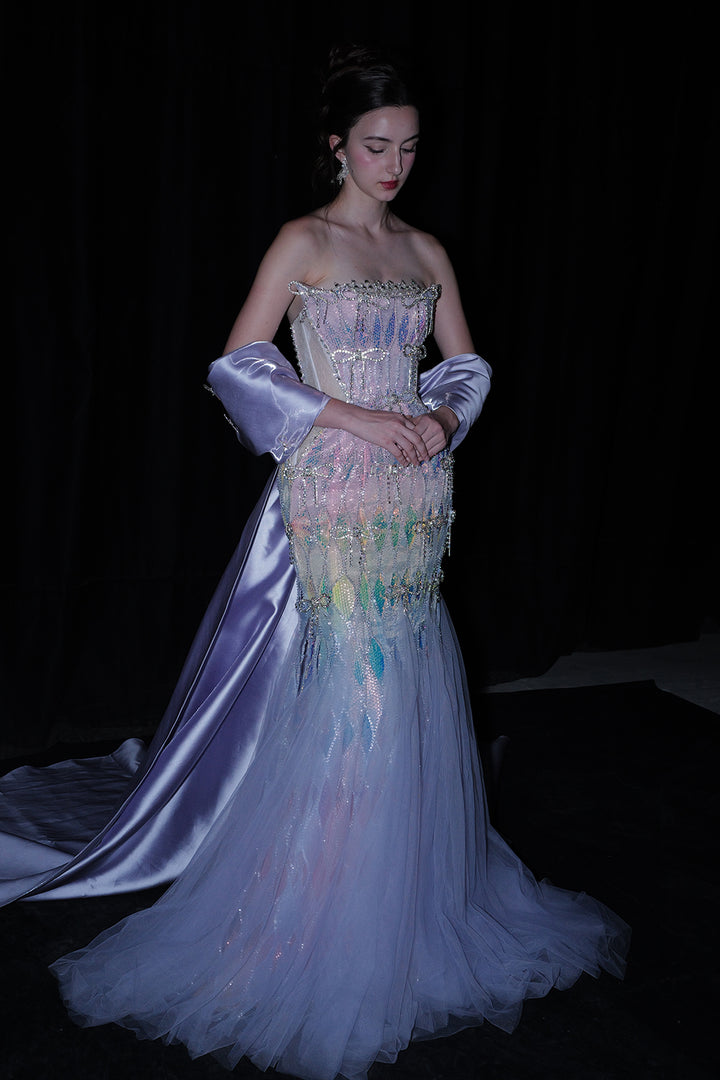 Mermaid Corseted Silhouette with Cape Train Dress